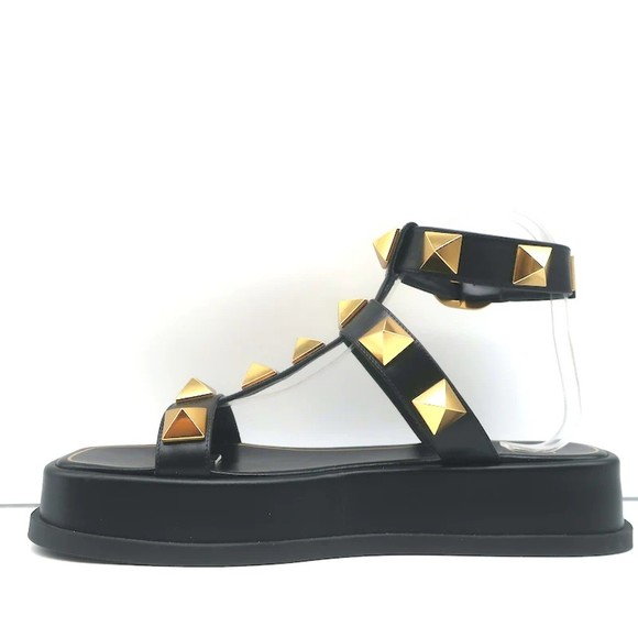 Valentino Roman Stud Ankle Strap Platform Sandals Black Leather Size 39.5 NEW - Picture 6 of 12